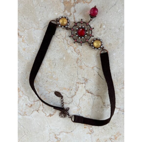 Brown Suede Choker Necklace With Red & Yellow Gemstone Accents Adjustable Chain - Picture 6 of 6